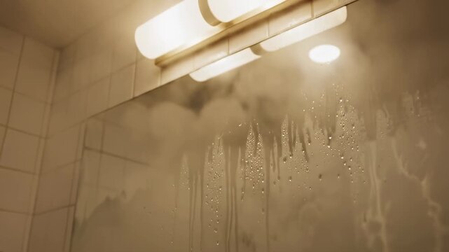 Steam fills bathroom as hot water creates moisture on mirror surfaces. Shower setting reveals tiled walls and bright light fixtures. Concept of home decor, interior design, wellness