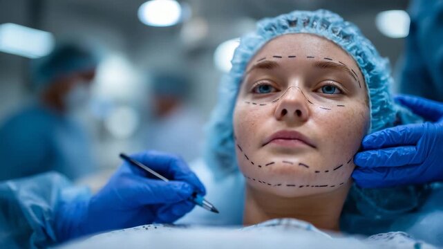 119Close-up of facial area with surgical markings, gloved hands holding marker, patient relaxed, bright white medical clinic interior softly blurred in background, emphasizing attenti