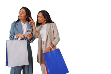 Women friends shopping, confused and lost, discussing directions using a smartphone, carrying shopping bags on transparent background