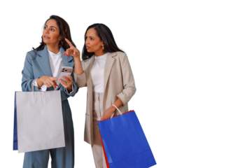 Women friends shopping, confused and lost, discussing directions using a smartphone, carrying shopping bags on transparent background