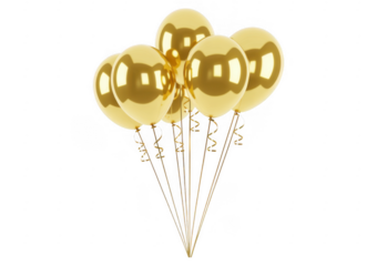 Bunch of gold balloons with ribbons isolated isolated on a transparent background