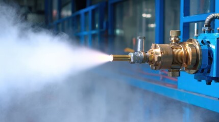 Industrial equipment with spray nozzle emitting mist and steam in a manufacturing environment showcasing advanced technology and precision engineering