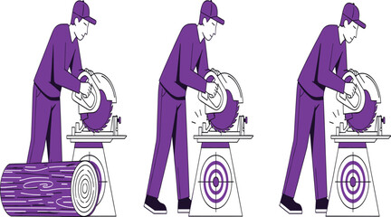 Set of Carpenter Illustrations Featuring a Professional Man Cutting Wood with an Electric Saw Machine in Flat Design Style.