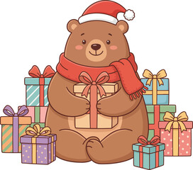 adorable cute chubby bear sitting and hugging a gift box