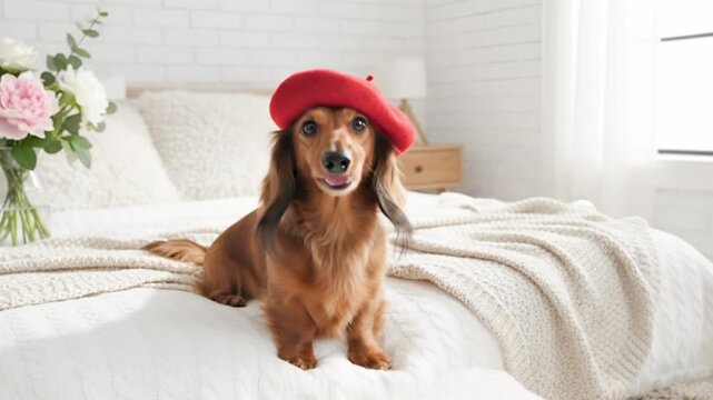 Brown dachshund in red beret sitting on white bed and looking at camera, pet fashion, veterinary or greeting card