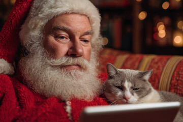  Santa Claus sitting with cat and using tablet.