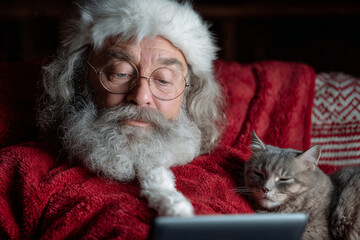  Santa Claus sitting with cat and using tablet.