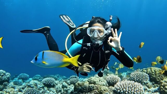 Woman scuba diver showing ok sign among fish in blue ocean for travel agency, diving school or summer vacation