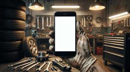 Mechanic's hands holding smartphone with blank screen in garage