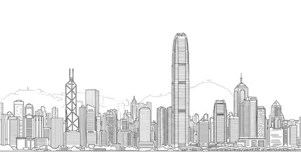 Fototapeta premium Detailed line drawing of a modern city skyline with tall skyscrapers and distant hills presented as a clean monochrome illustration.