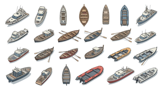Colorful collection of small boats and large yachts lined up in rows displaying diverse wooden and fiberglass vessels at a busy marina.