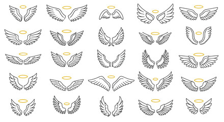 Grid of angel wings with golden halos forms a decorative repeating pattern in black outline across the image showing symmetrical pairs and graceful feathers.