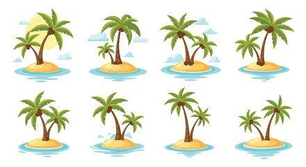 Obraz premium Vibrant tropical scene showing a cluster of small islands with palm trees standing on sandy shores while turquoise water glistens around them under a sunny sky.