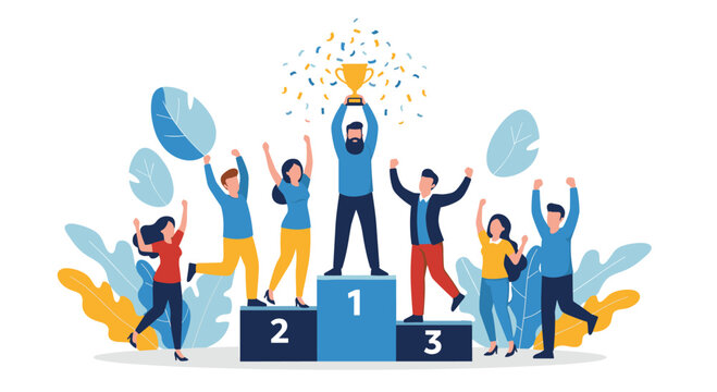 Diverse team stands atop a victory podium celebrating first place with a shining trophy while confetti rains down and colleagues cheer wildly.