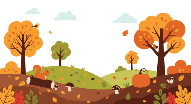 Bright autumn landscape with orange trees pumpkins falling leaves mushrooms and a curious squirrel on a gently sloping hill under a pale blue sky.
