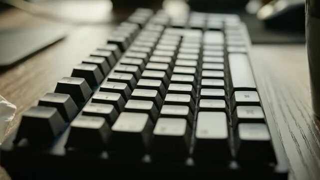 Close-up view of computer keyboard with crumpled paper and coffee mug. Desk setting with wooden surface and everyday objects. Concept of office, productivity, remote work
