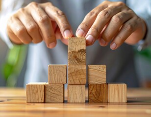 Hands stacking wooden blocks to build a growth chart on a table