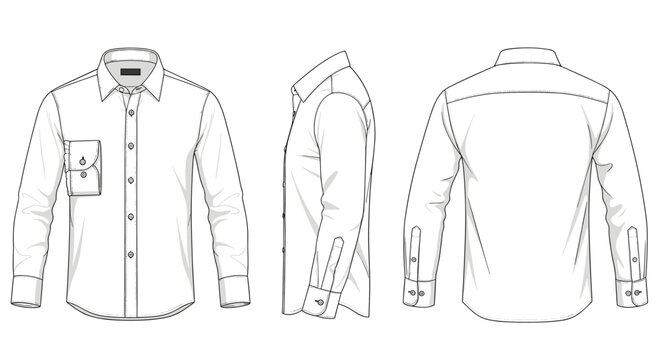 Illustration of a long sleeve button down shirt with chest pocket shown from front side and back views for apparel design and fashion production reference.