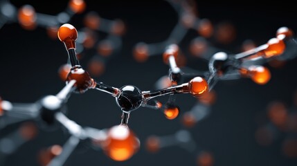 Abstract molecular structure with glowing orange atoms and black bonds