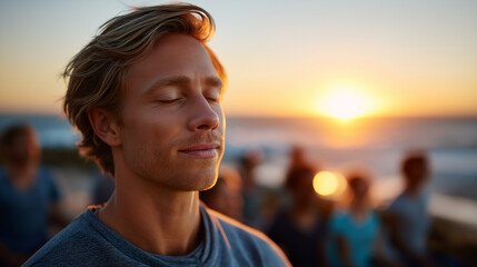 Young Caucasian male faceless practicing yoga on beach at sunset with diverse group in background, defocused coastal wellness practice, oceanfront meditation, seaside spirituality,