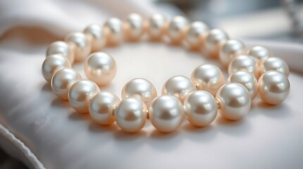 Obraz premium Ultra-realistic, opulent close-up of a pearl necklace, each lustrous orb perfectly spherical and catching soft highlights, resting on a satin pillow