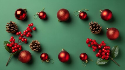 Christmas holiday frame arrangement with deep burgundy red ornament balls pine cones and artificial holly berry branches on sage green background