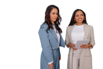 Businesswomen collaborating and discussing ideas while one holds a digital tablet, transparent background