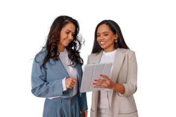 Two smiling businesswomen interacting, sharing ideas and collaborating using a digital tablet for work on a transparent background