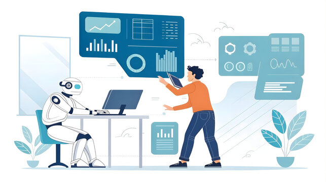 AI robot analyzing business data with human colleague, artificial intelligence in digital analytics, futuristic office, data visualization, human-AI data collaboration concept