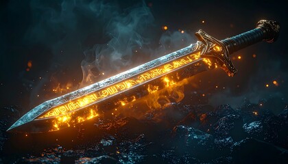 Fantasy sword relic with glowing runes along the blade 