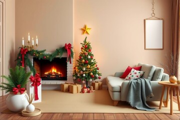 Obraz premium Minimalist Christmas Home Background with Fireplace and Tree