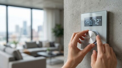 Adjusting the smart thermostat ai futurism in home technology urban living room digital interface modern environment user-centric view