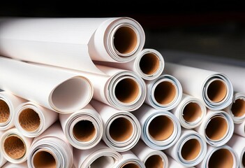 Close-up of several rolls of white paper, neatly stacked,  scrolls,  manufacturing