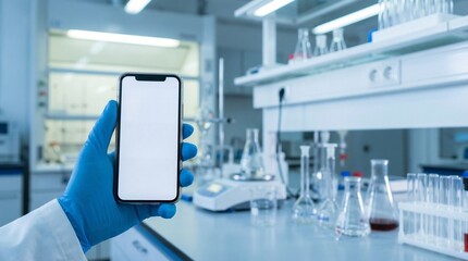Scientist in lab holding smartphone with blank screen for mockup