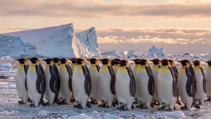 Emperor penguins gather on ice in Antarctica during sunset with icebergs in the background