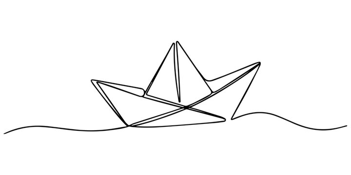 Paper boat one line drawing minimalist origami ship outline vector illustration on white background, One continuous line drawing of paper boat. Origami ship concept success leadership of business