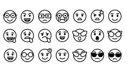 A grid of 24 blackandwhite outline emoji faces displaying various expressions