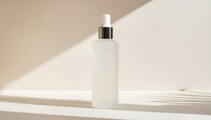 Elegant white cosmetic bottle on modern surface with soft lighting