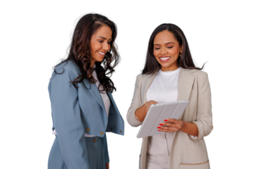 Businesswomen collaborating and discussing project on digital tablet, smiling hispanic female colleagues using modern technology