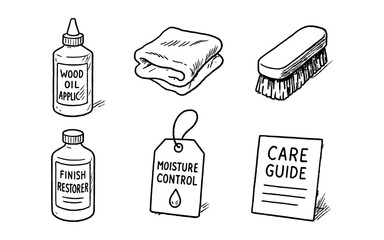 Hand drawn furniture care essentials: oil, cloth, brush, restorer, control, guide
