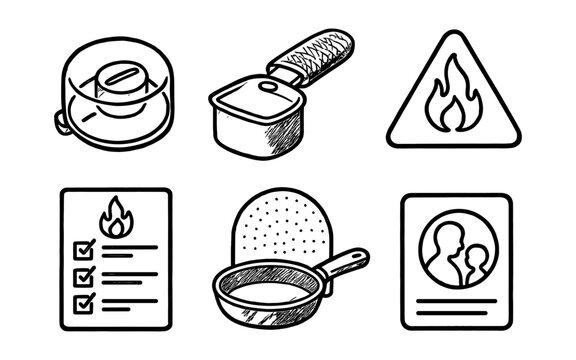 Hand drawn cooking and fire safety icons in black and white - Powered by Adobe