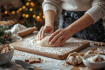 Fototapeta premium An atmospheric New Year's photo. Women's hands in the kitchen rolling out gingerbread dough.