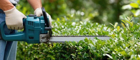 Man trims hedges in garden using electric hedge trimmer while focusing on hands holding the device