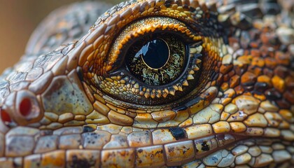 Close-up showing the detailed eye and patterned scales of a lizard, with earth-tone coloration