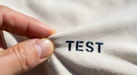 Close up of a hand pinching fabric with the word test embroidered on it