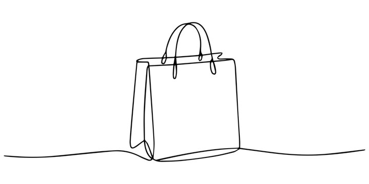 A single, continuous line drawing portrays a simple shopping bag, elegantly rendered, Shopping bag continuous one line drawing, Continuous one line drawing of a shopping bag in minimalist linear style