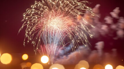 Colorful fireworks exploding in the night sky with blurred lights in the background