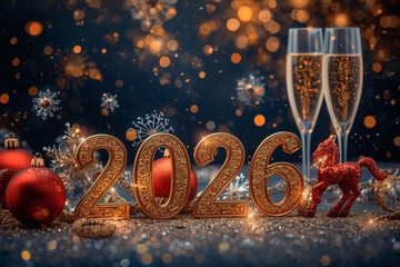 Banner. Shiny gold numbers 2026, red balls and a horse, and a beautiful bokeh on a blue background. Happy New Year and Christmas.