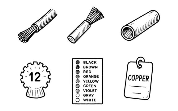 Hand drawn electrical wire elements with copper label and gauge indicator