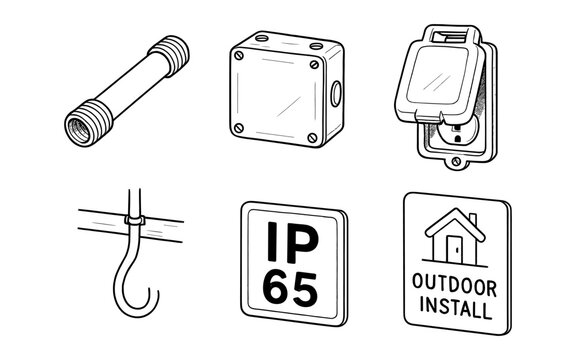 Hand-drawn electrical equipment set: ip65 box, conduit, hook, outdoor socket